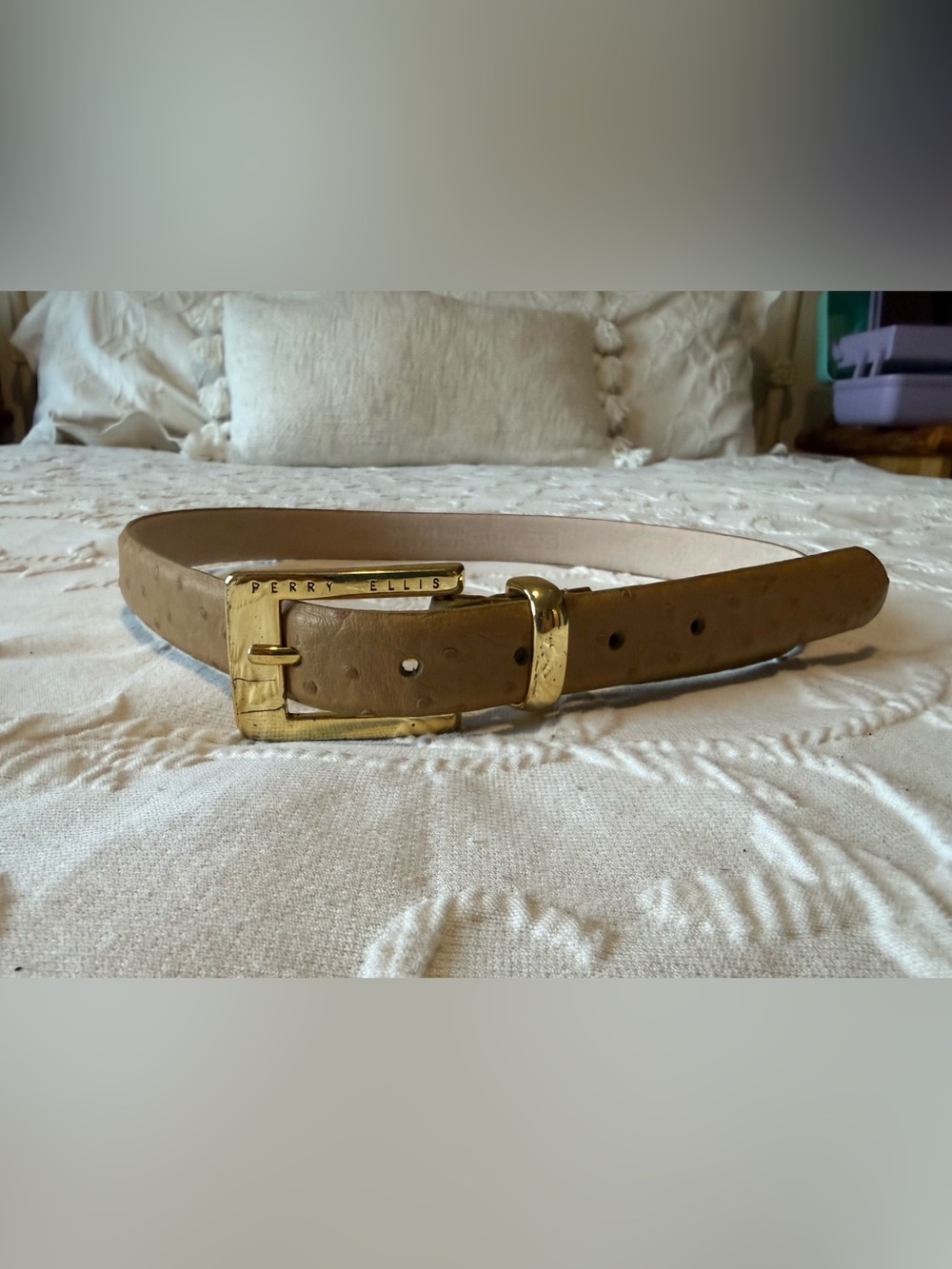 Perry Ellis Women’s Tan Ostrich Embossed Leather Belt Gold Buckle M